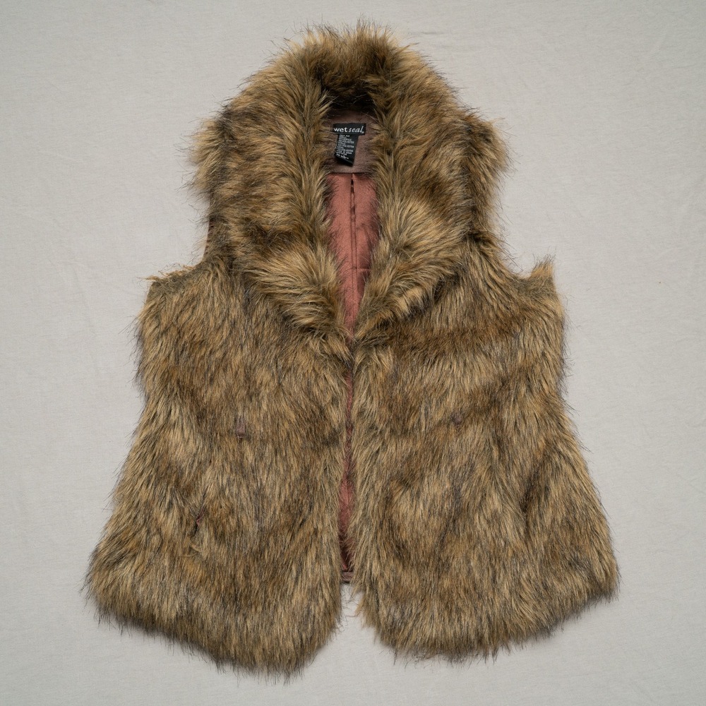 Vintage Y2k 2000s Wet‎ Seal Faux Fur Vest Womens Large Brown